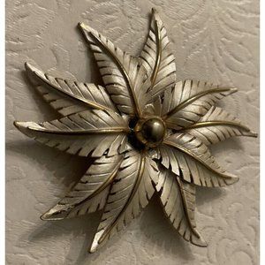 Lisa Jewels White Yellow Gold Flower Brooch Enamel 3" Brushed Matte Pin